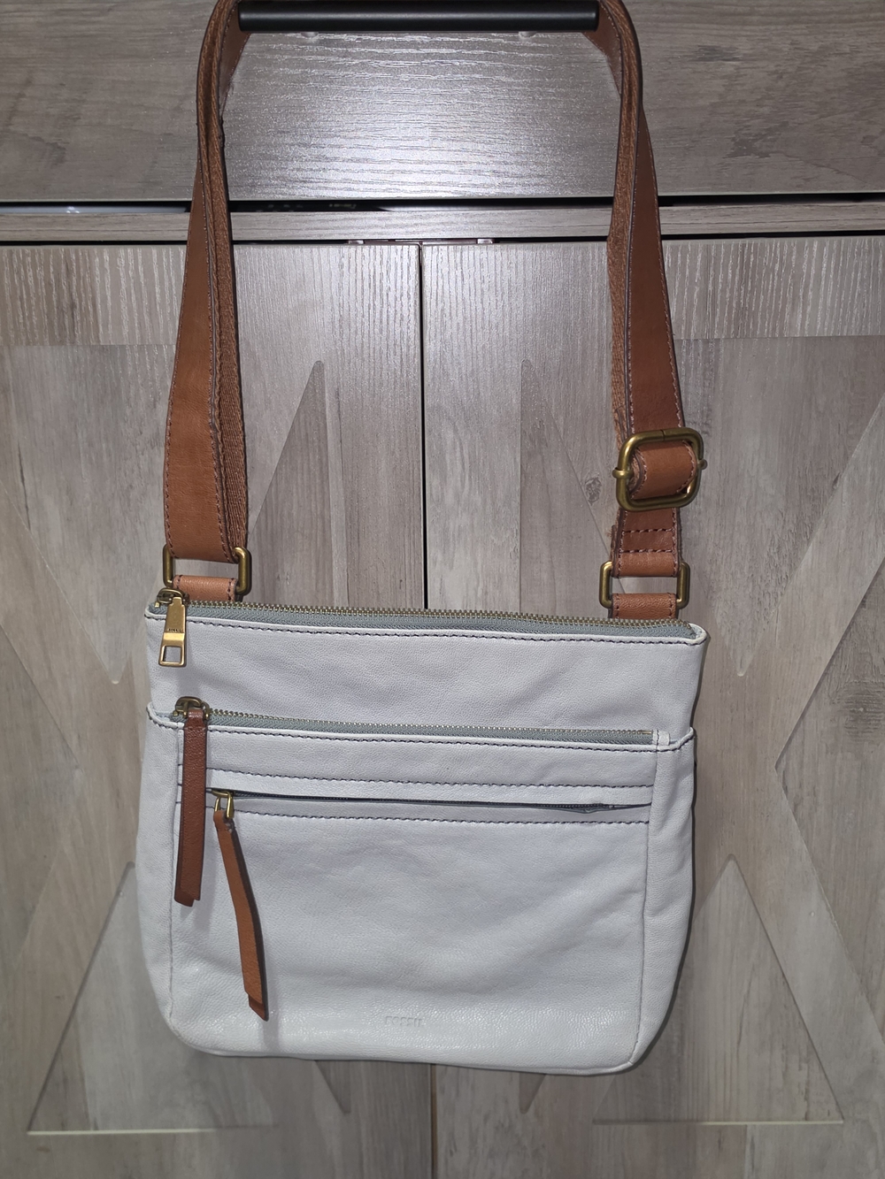 Fossil Gray Crossbody Bag with Tan Strap